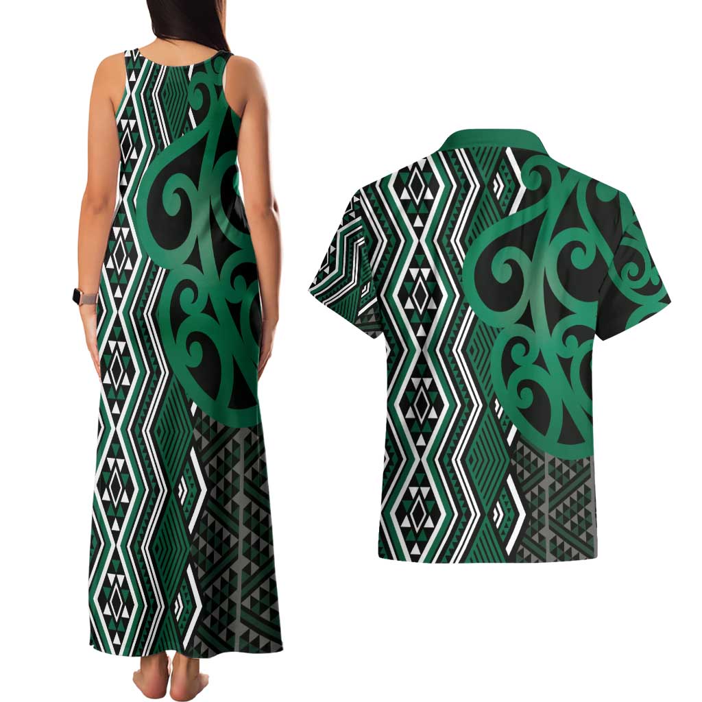 Maori Taniko Patterns Couples Matching Tank Maxi Dress and Hawaiian Shirt Pounamu Patiki Motifs Mix Whakairo Ngaru