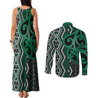 Maori Taniko Patterns Couples Matching Tank Maxi Dress and Long Sleeve Button Shirt Pounamu Patiki Motifs Mix Whakairo Ngaru LT7 - Polynesian Pride