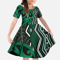 Maori Taniko Patterns Family Matching Long Sleeve Bodycon Dress and Hawaiian Shirt Pounamu Patiki Motifs Mix Whakairo Ngaru LT7 Daughter's Dress Green - Polynesian Pride