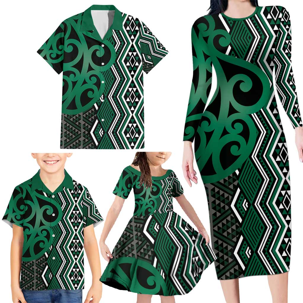 Maori Taniko Patterns Family Matching Long Sleeve Bodycon Dress and Hawaiian Shirt Pounamu Patiki Motifs Mix Whakairo Ngaru LT7 - Polynesian Pride