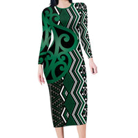 Maori Taniko Patterns Family Matching Long Sleeve Bodycon Dress and Hawaiian Shirt Pounamu Patiki Motifs Mix Whakairo Ngaru LT7 Mom's Dress Green - Polynesian Pride