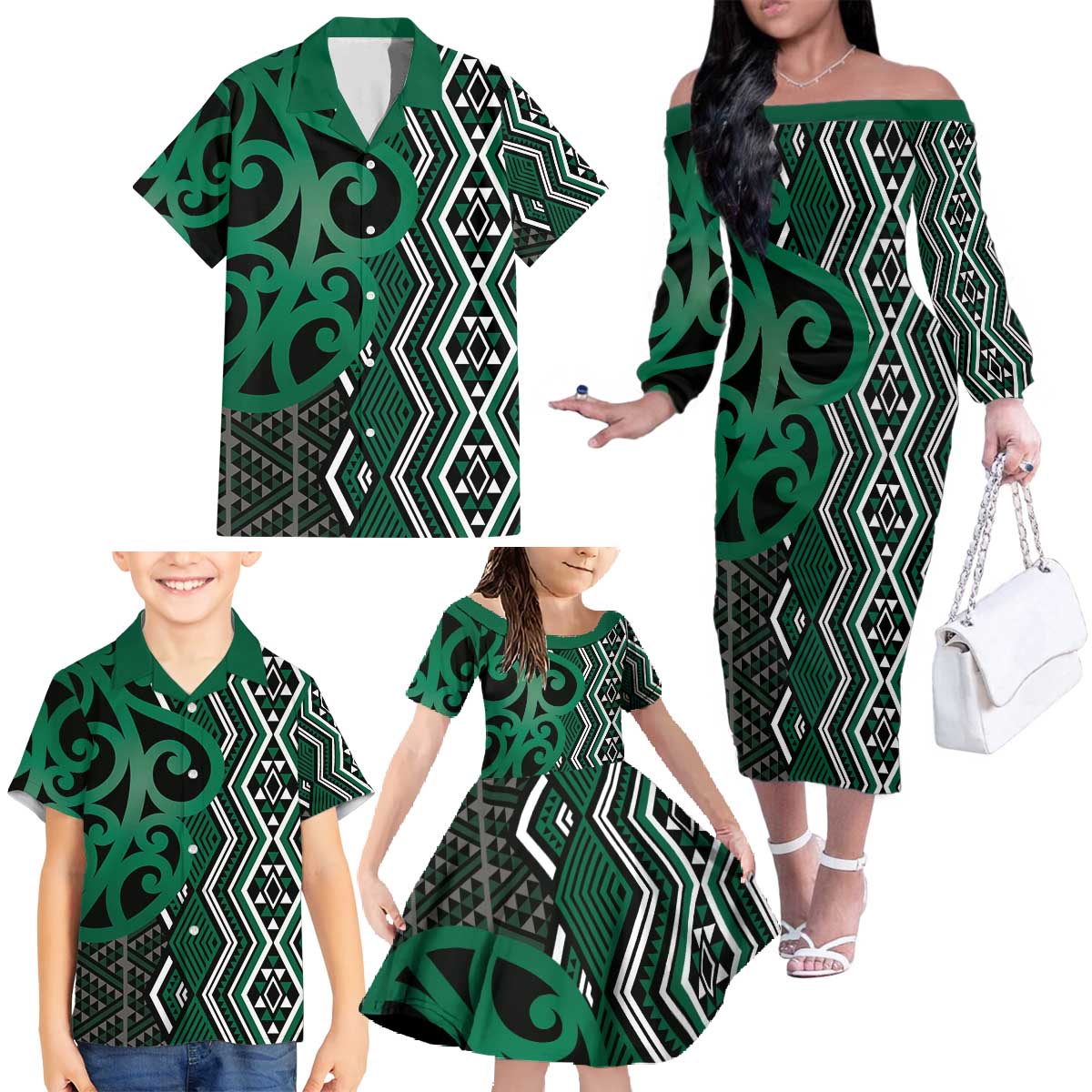 Maori Taniko Patterns Family Matching Off The Shoulder Long Sleeve Dress and Hawaiian Shirt Pounamu Patiki Motifs Mix Whakairo Ngaru LT7 - Polynesian Pride