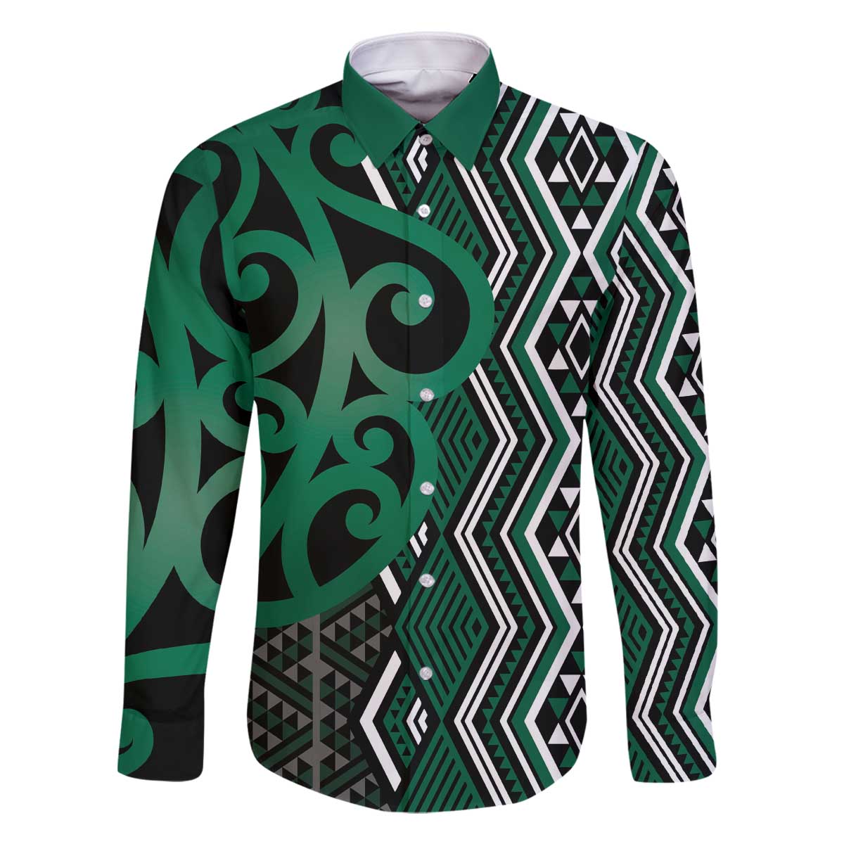 Maori Taniko Patterns Family Matching Off The Shoulder Long Sleeve Dress and Hawaiian Shirt Pounamu Patiki Motifs Mix Whakairo Ngaru LT7 Dad's Shirt - Long Sleeve Green - Polynesian Pride