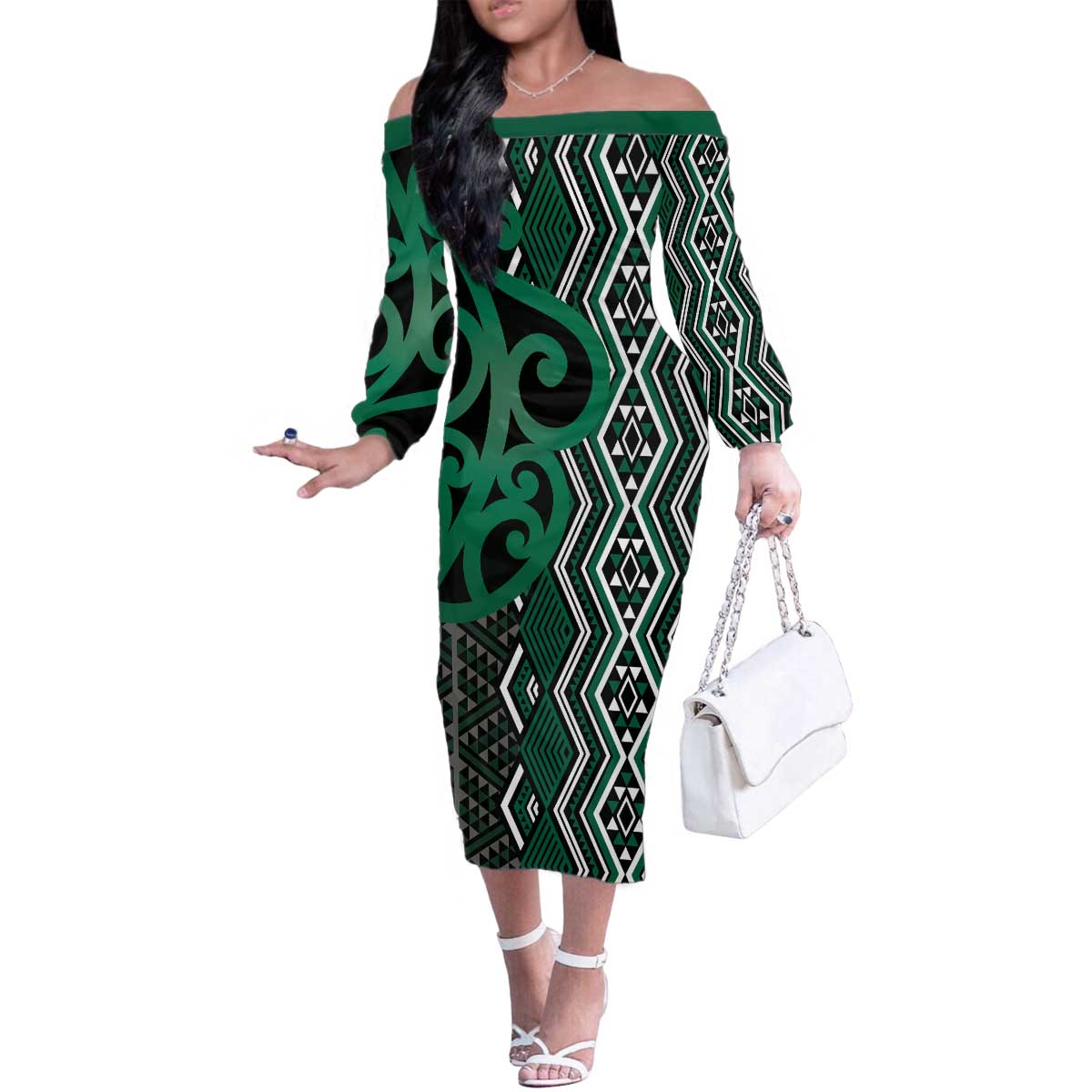 Maori Taniko Patterns Family Matching Off The Shoulder Long Sleeve Dress and Hawaiian Shirt Pounamu Patiki Motifs Mix Whakairo Ngaru LT7 Mom's Dress Green - Polynesian Pride