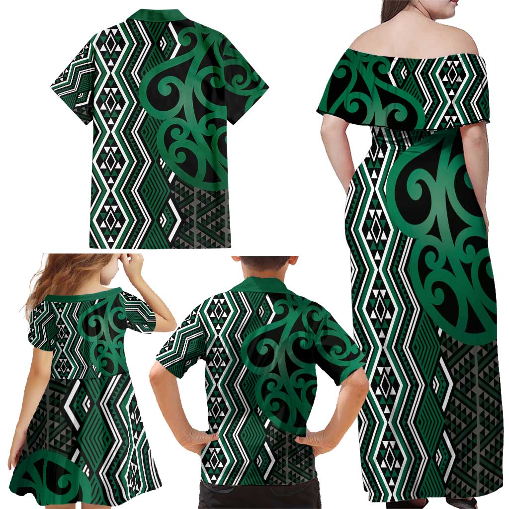 Maori Taniko Patterns Family Matching Off Shoulder Maxi Dress and Hawaiian Shirt Pounamu Patiki Motifs Mix Whakairo Ngaru