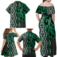 Maori Taniko Patterns Family Matching Off Shoulder Maxi Dress and Hawaiian Shirt Pounamu Patiki Motifs Mix Whakairo Ngaru