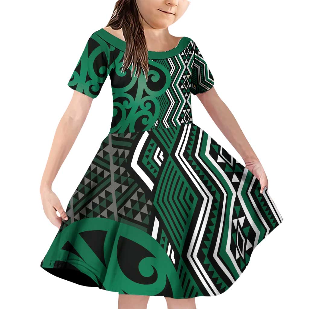 Maori Taniko Patterns Family Matching Off Shoulder Short Dress and Hawaiian Shirt Pounamu Patiki Motifs Mix Whakairo Ngaru