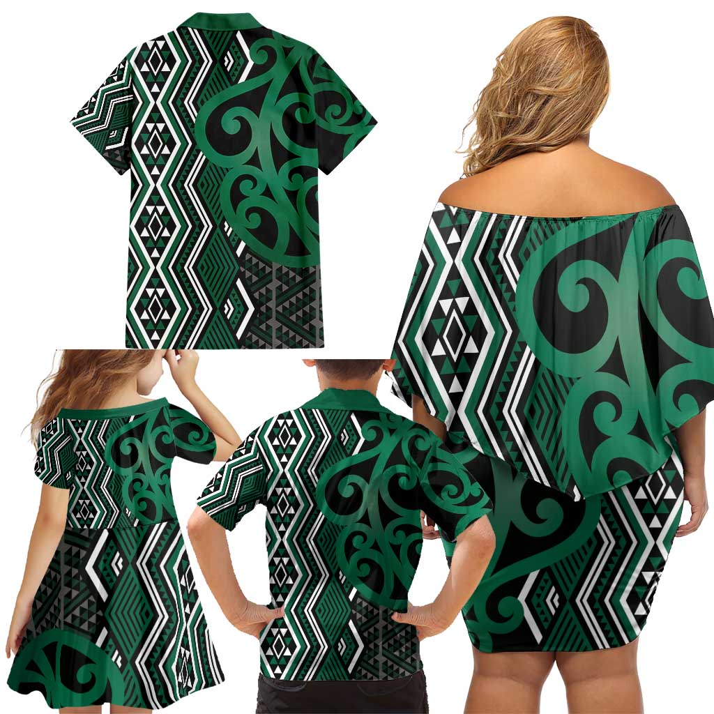 Maori Taniko Patterns Family Matching Off Shoulder Short Dress and Hawaiian Shirt Pounamu Patiki Motifs Mix Whakairo Ngaru