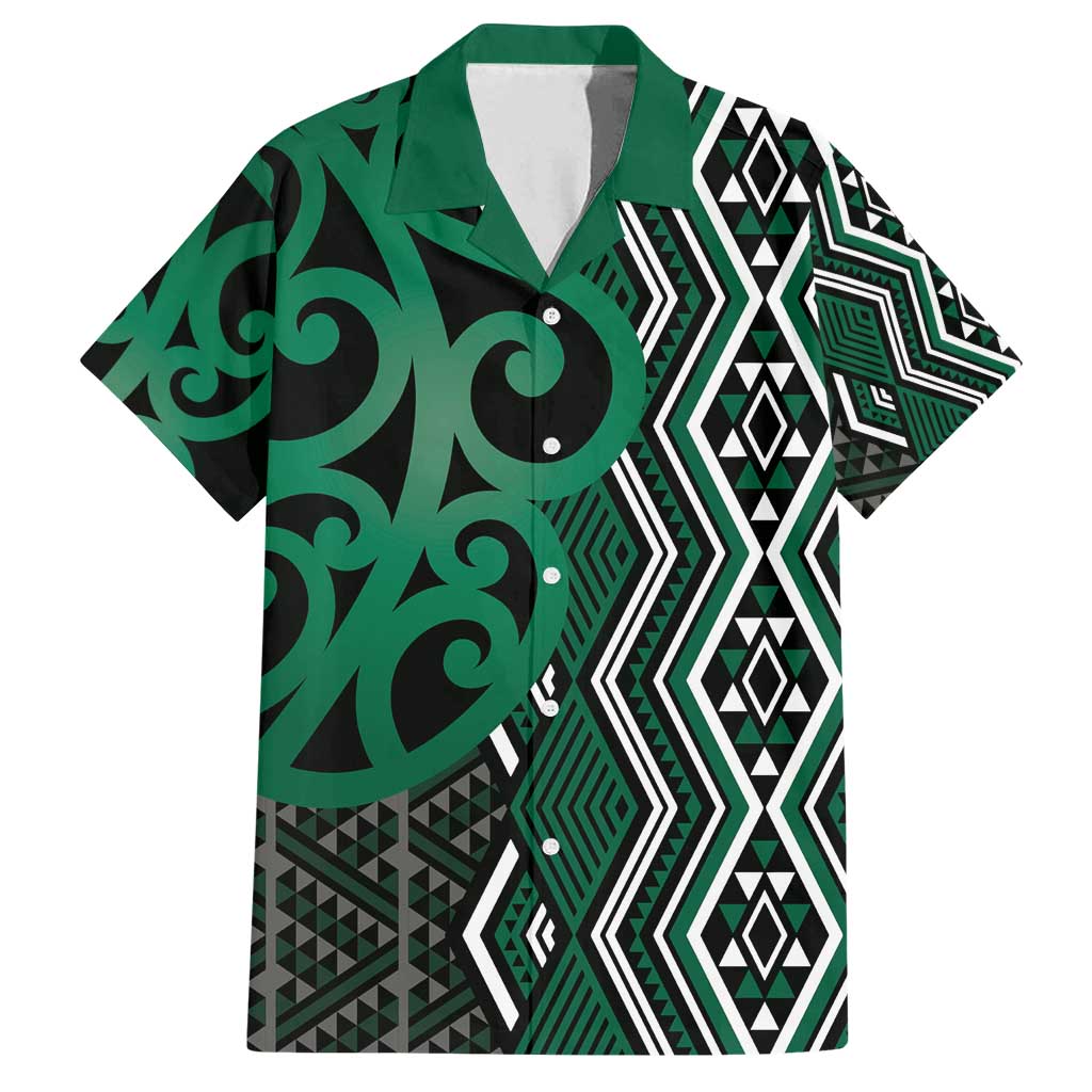Maori Taniko Patterns Family Matching Puletasi and Hawaiian Shirt Pounamu Patiki Motifs Mix Whakairo Ngaru LT7 Dad's Shirt - Short Sleeve Green - Polynesian Pride