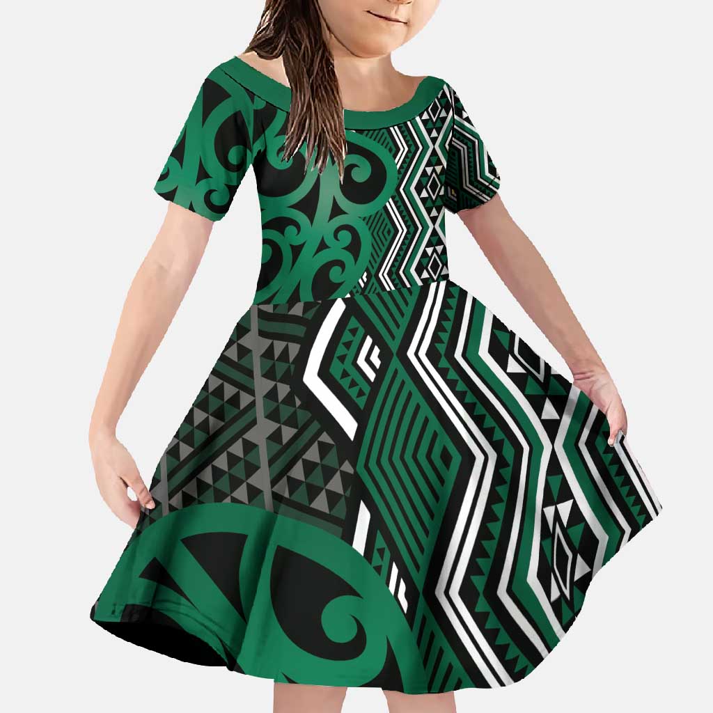 Maori Taniko Patterns Family Matching Short Sleeve Bodycon Dress and Hawaiian Shirt Pounamu Patiki Motifs Mix Whakairo Ngaru LT7 Daughter's Dress Green - Polynesian Pride