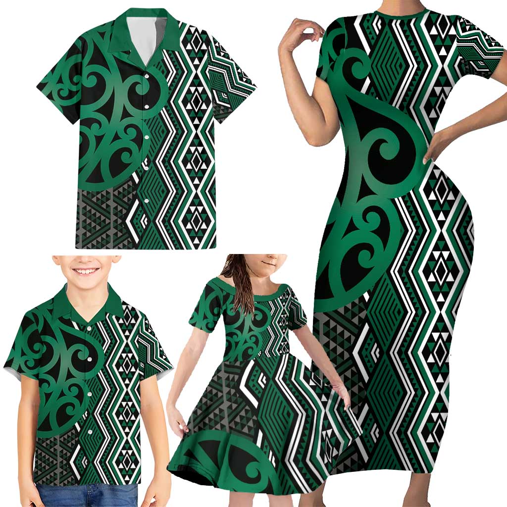 Maori Taniko Patterns Family Matching Short Sleeve Bodycon Dress and Hawaiian Shirt Pounamu Patiki Motifs Mix Whakairo Ngaru LT7 - Polynesian Pride