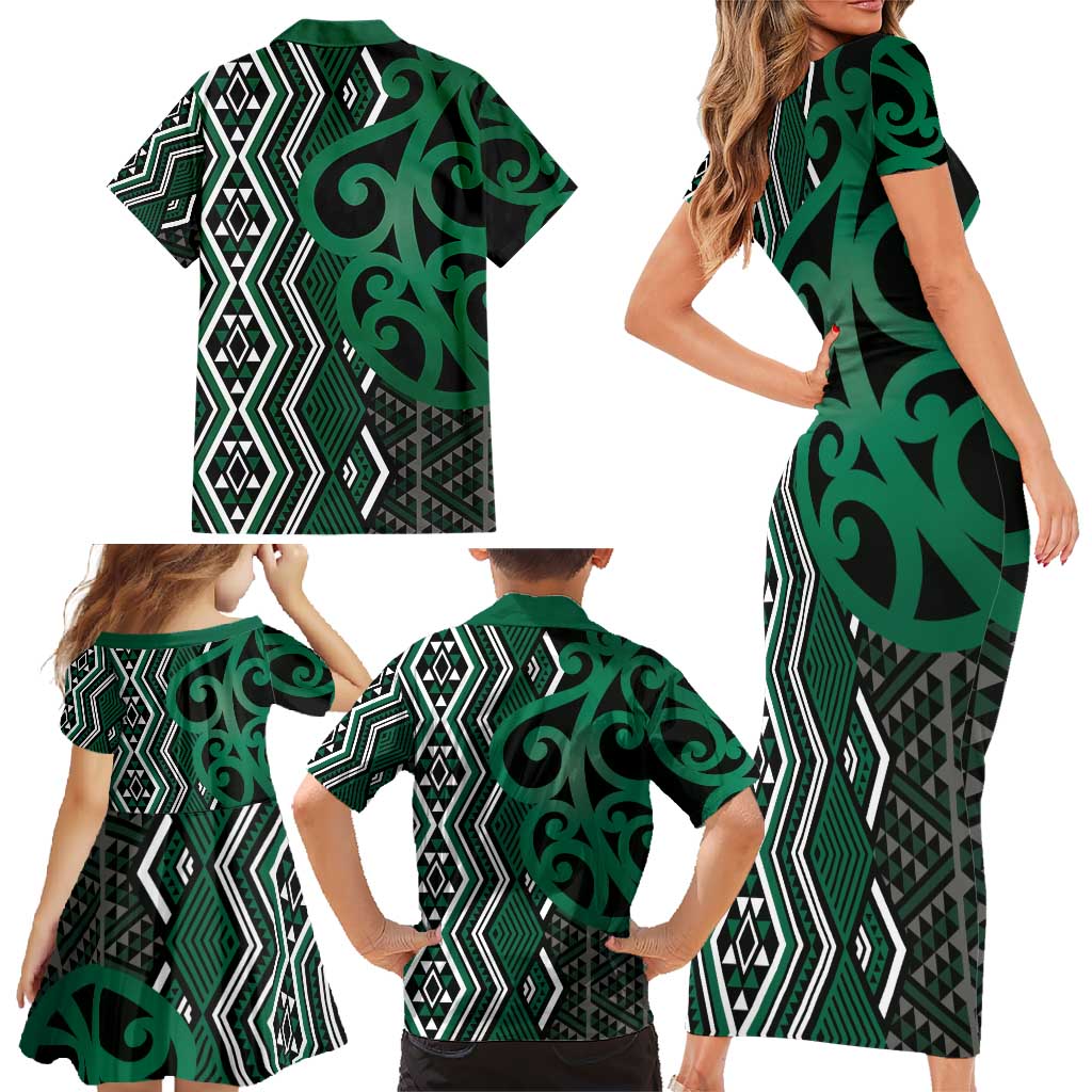 Maori Taniko Patterns Family Matching Short Sleeve Bodycon Dress and Hawaiian Shirt Pounamu Patiki Motifs Mix Whakairo Ngaru LT7 - Polynesian Pride