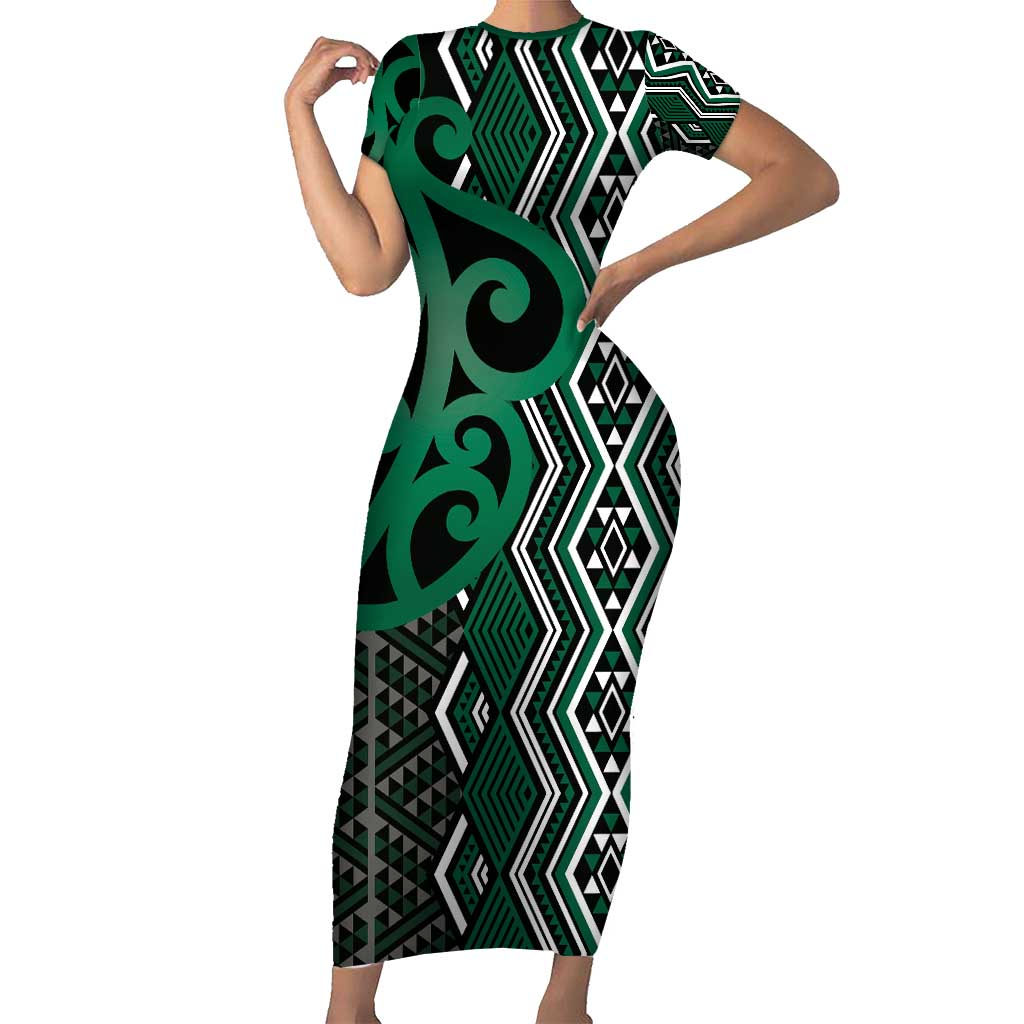 Maori Taniko Patterns Family Matching Short Sleeve Bodycon Dress and Hawaiian Shirt Pounamu Patiki Motifs Mix Whakairo Ngaru LT7 Mom's Dress Green - Polynesian Pride