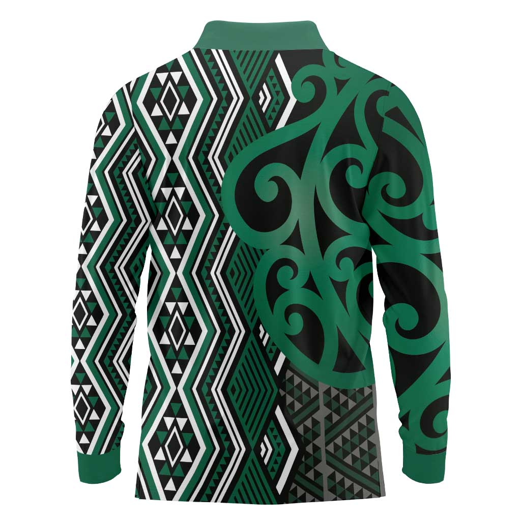 Maori Taniko Patterns Long Sleeve Polo Shirt Pounamu Patiki Motifs Mix Whakairo Ngaru