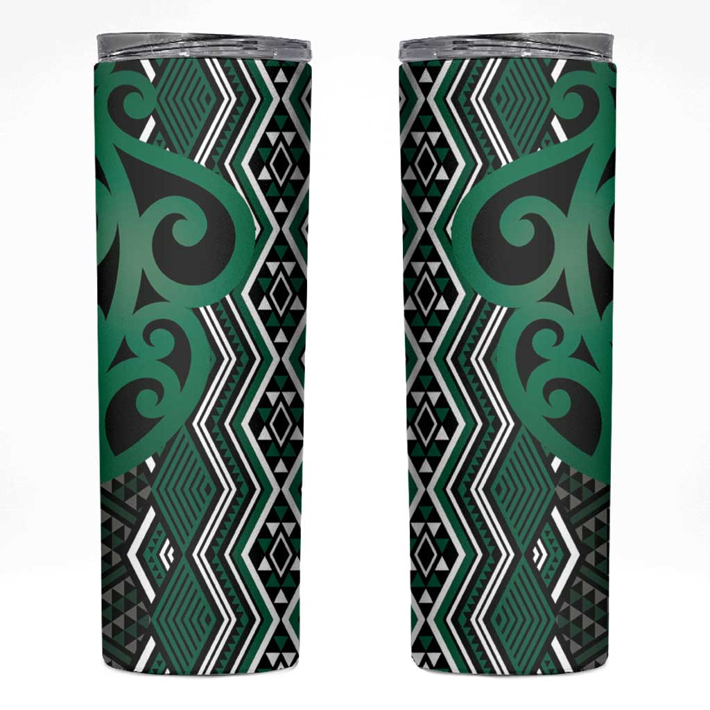 Maori Taniko Patterns Skinny Tumbler Pounamu Patiki Motifs Mix Whakairo Ngaru LT7 Green - Polynesian Pride