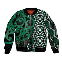 Maori Taniko Patterns Sleeve Zip Bomber Jacket Pounamu Patiki Motifs Mix Whakairo Ngaru LT7 Unisex Green - Polynesian Pride