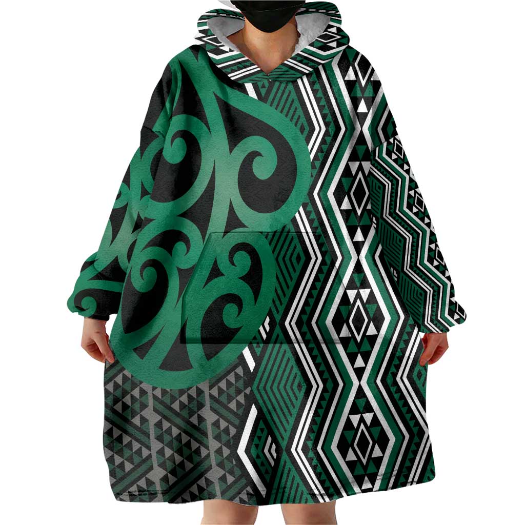 Maori Taniko Patterns Wearable Blanket Hoodie Pounamu Patiki Motifs Mix Whakairo Ngaru