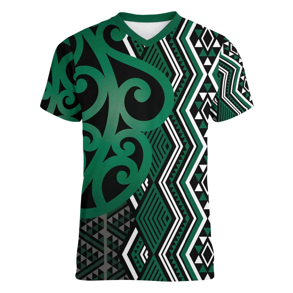 Maori Taniko Patterns Women V-Neck T-Shirt Pounamu Patiki Motifs Mix Whakairo Ngaru LT7 Female Green - Polynesian Pride