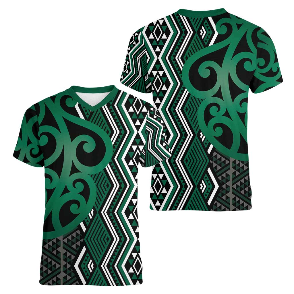 Maori Taniko Patterns Women V-Neck T-Shirt Pounamu Patiki Motifs Mix Whakairo Ngaru LT7 - Polynesian Pride