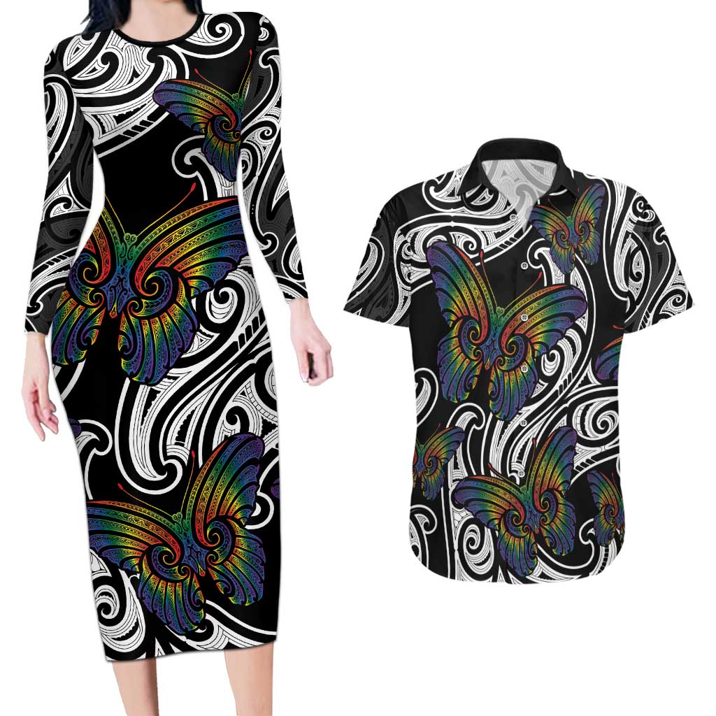 Aotearoa Takatapui Pride Couples Matching Long Sleeve Bodycon Dress and Hawaiian Shirt Rainbow Butterfly - Free To Love LT7 Black - Polynesian Pride