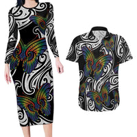 Aotearoa Takatapui Pride Couples Matching Long Sleeve Bodycon Dress and Hawaiian Shirt Rainbow Butterfly - Free To Love LT7 Black - Polynesian Pride