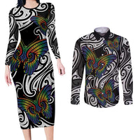 Aotearoa Takatapui Pride Couples Matching Long Sleeve Bodycon Dress and Long Sleeve Button Shirt Rainbow Butterfly - Free To Love LT7 Black - Polynesian Pride