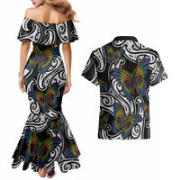 Aotearoa Takatapui Pride Couples Matching Mermaid Dress and Hawaiian Shirt Rainbow Butterfly - Free To Love LT7 - Polynesian Pride