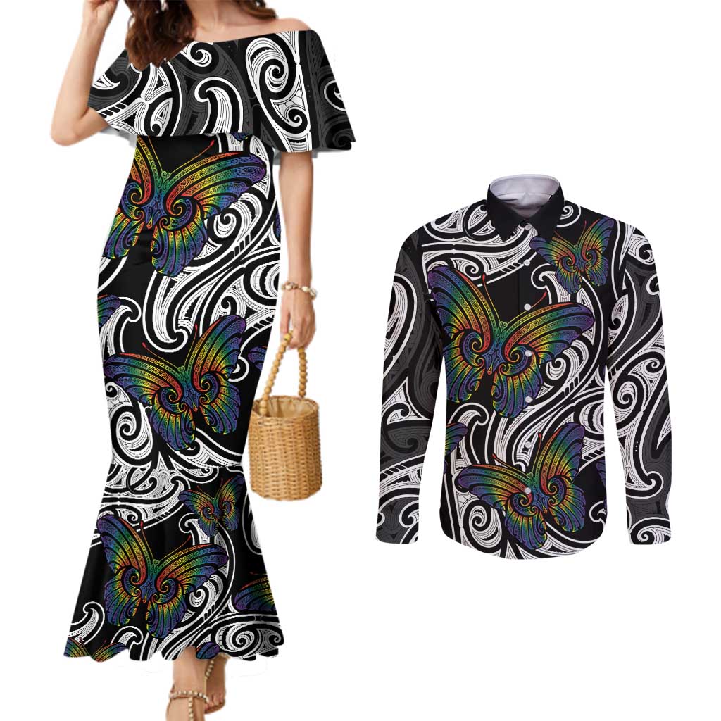 Aotearoa Takatapui Pride Couples Matching Mermaid Dress and Long Sleeve Button Shirt Rainbow Butterfly - Free To Love