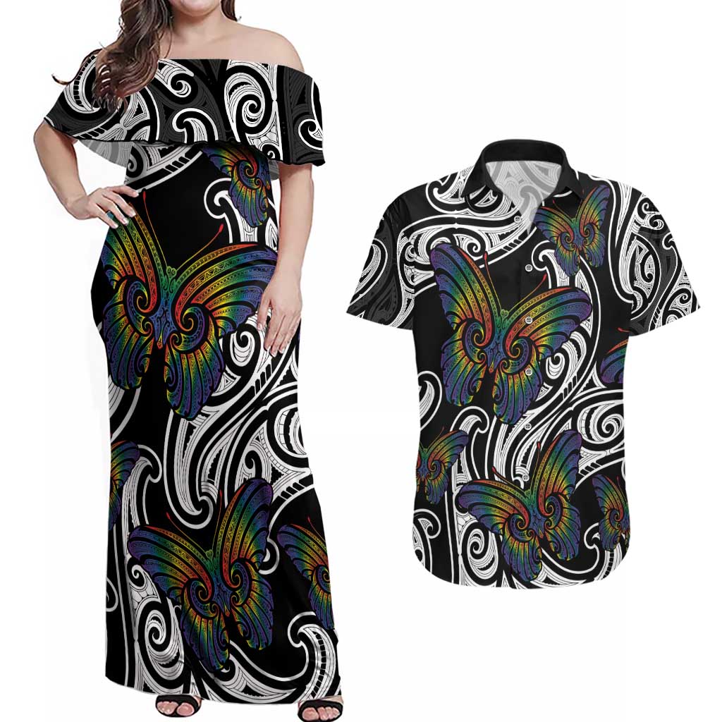 Aotearoa Takatapui Pride Couples Matching Off Shoulder Maxi Dress and Hawaiian Shirt Rainbow Butterfly - Free To Love