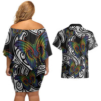 Aotearoa Takatapui Pride Couples Matching Off Shoulder Short Dress and Hawaiian Shirt Rainbow Butterfly - Free To Love LT7 - Polynesian Pride