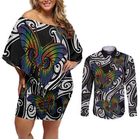 Aotearoa Takatapui Pride Couples Matching Off Shoulder Short Dress and Long Sleeve Button Shirt Rainbow Butterfly - Free To Love