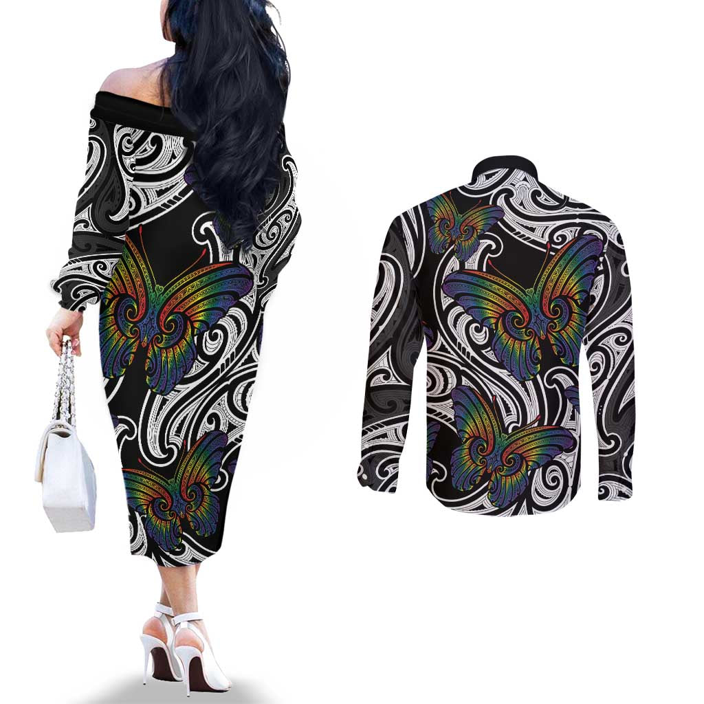 Aotearoa Takatapui Pride Couples Matching Off The Shoulder Long Sleeve Dress and Long Sleeve Button Shirt Rainbow Butterfly - Free To Love LT7 - Polynesian Pride