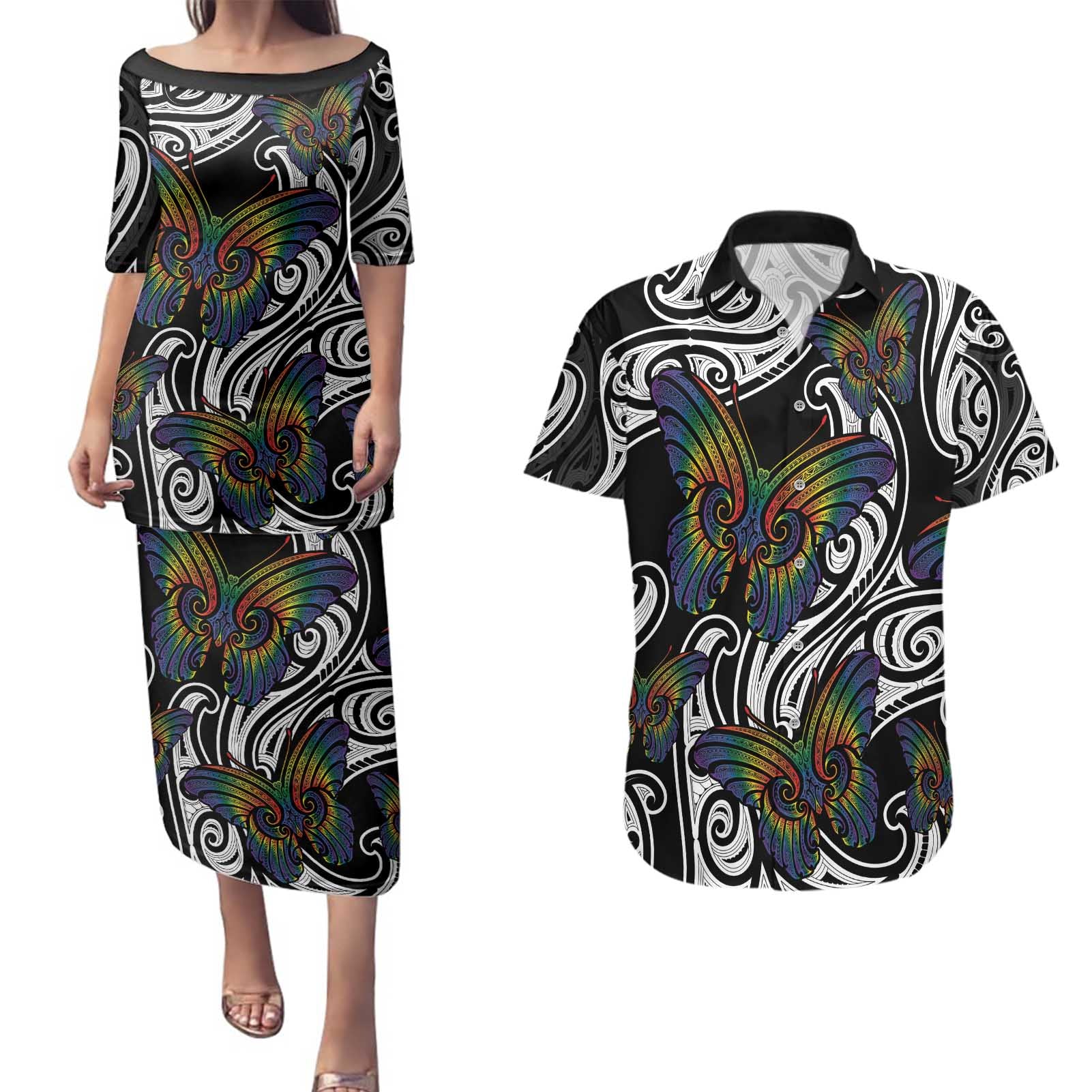 Aotearoa Takatapui Pride Couples Matching Puletasi and Hawaiian Shirt Rainbow Butterfly - Free To Love