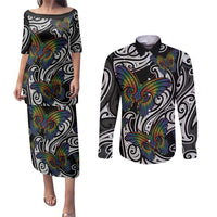 Aotearoa Takatapui Pride Couples Matching Puletasi and Long Sleeve Button Shirt Rainbow Butterfly - Free To Love