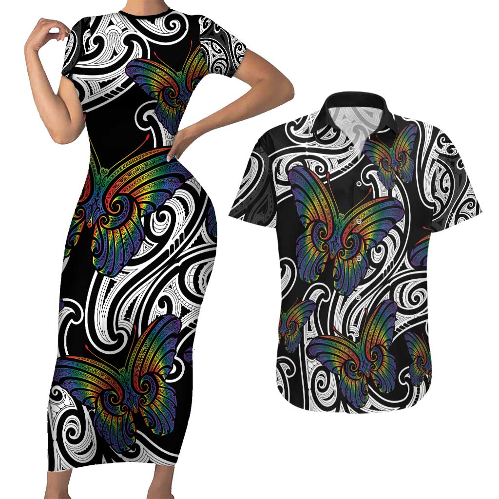 Aotearoa Takatapui Pride Couples Matching Short Sleeve Bodycon Dress and Hawaiian Shirt Rainbow Butterfly - Free To Love