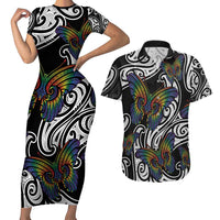 Aotearoa Takatapui Pride Couples Matching Short Sleeve Bodycon Dress and Hawaiian Shirt Rainbow Butterfly - Free To Love LT7 Black - Polynesian Pride