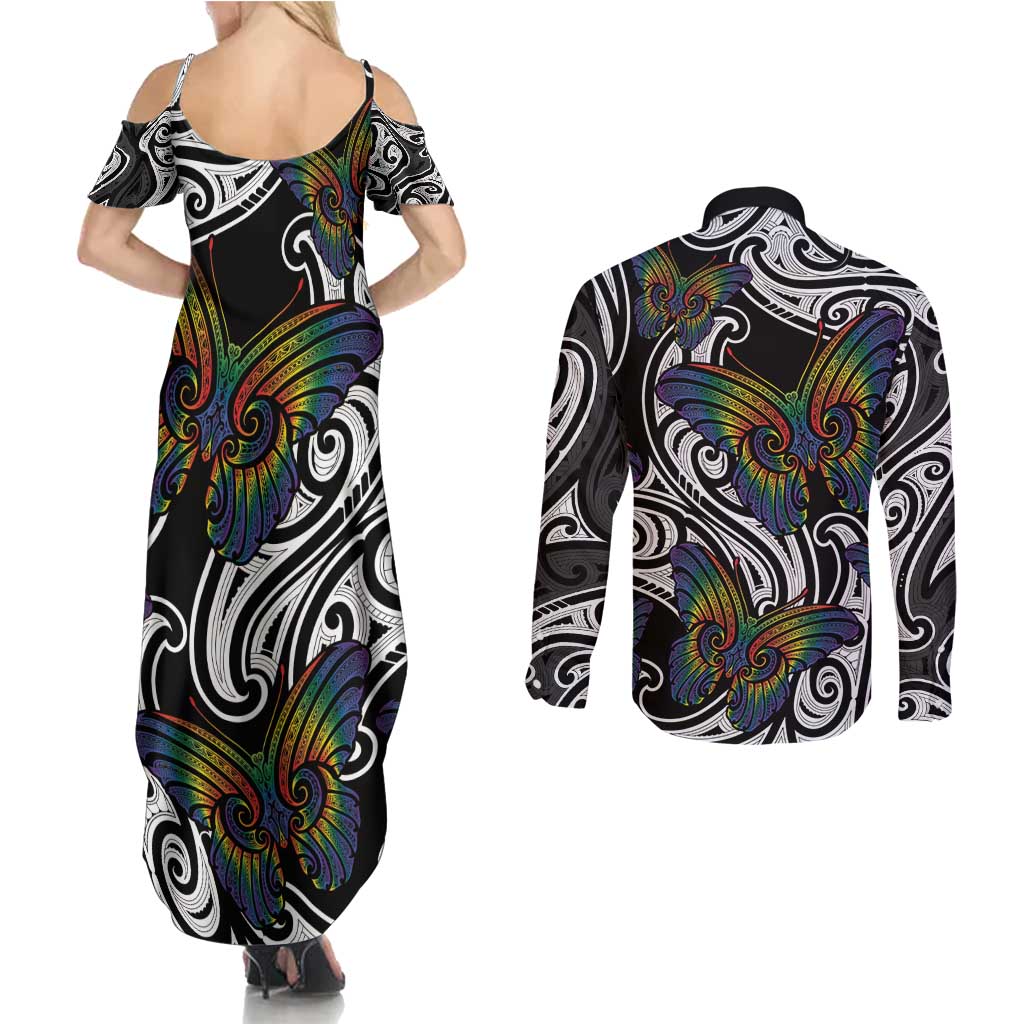 Aotearoa Takatapui Pride Couples Matching Summer Maxi Dress and Long Sleeve Button Shirt Rainbow Butterfly - Free To Love