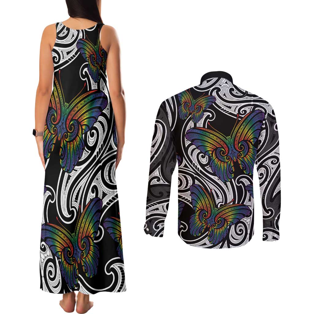 Aotearoa Takatapui Pride Couples Matching Tank Maxi Dress and Long Sleeve Button Shirt Rainbow Butterfly - Free To Love