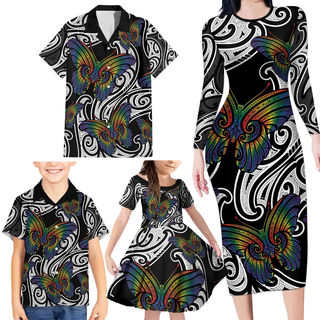 Aotearoa Takatapui Pride Family Matching Long Sleeve Bodycon Dress and Hawaiian Shirt Rainbow Butterfly - Free To Love LT7 - Polynesian Pride
