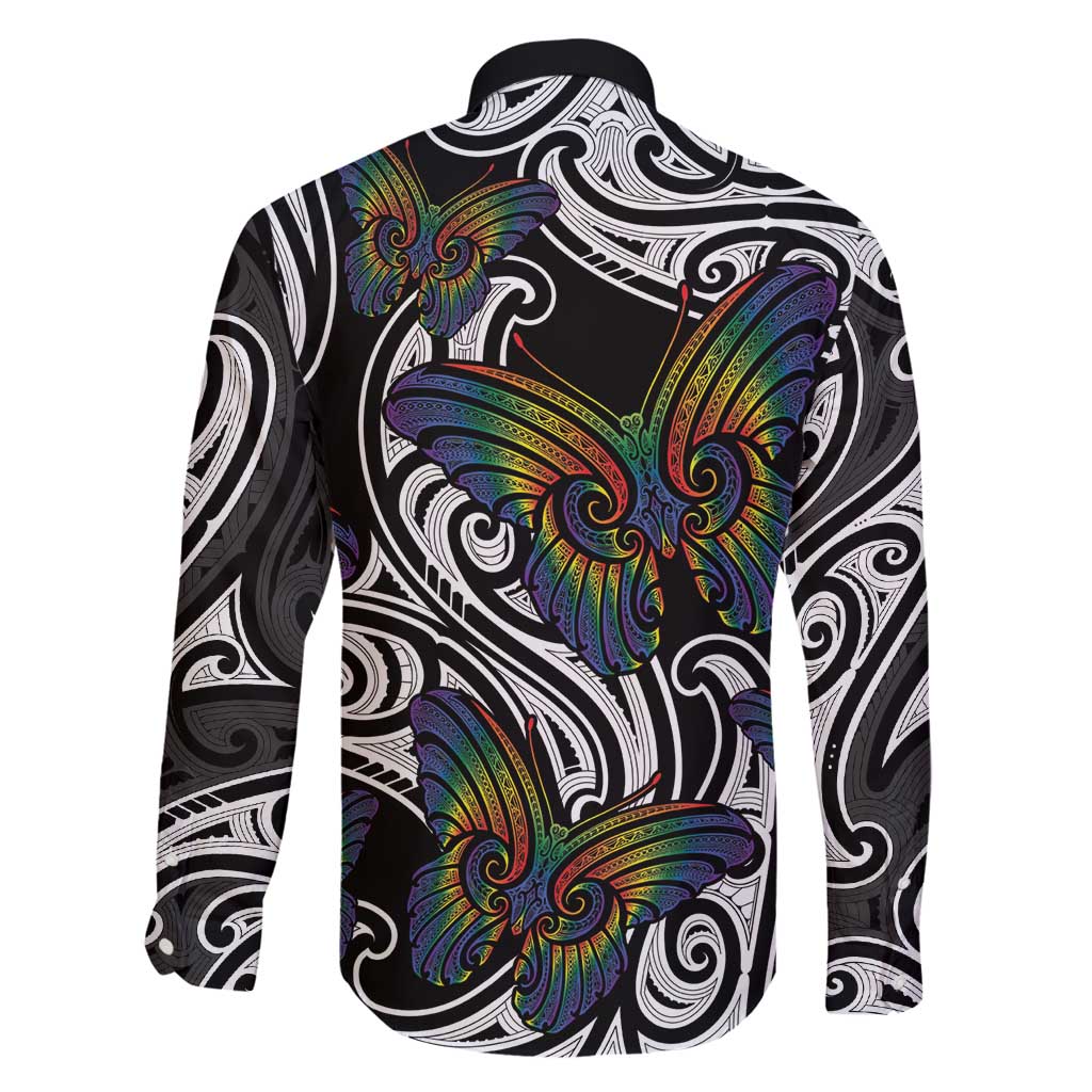 Aotearoa Takatapui Pride Family Matching Long Sleeve Bodycon Dress and Hawaiian Shirt Rainbow Butterfly - Free To Love LT7 - Polynesian Pride