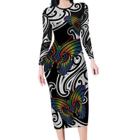 Aotearoa Takatapui Pride Family Matching Long Sleeve Bodycon Dress and Hawaiian Shirt Rainbow Butterfly - Free To Love LT7 Mom's Dress Black - Polynesian Pride