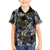 Aotearoa Takatapui Pride Family Matching Long Sleeve Bodycon Dress and Hawaiian Shirt Rainbow Butterfly - Free To Love LT7 Son's Shirt Black - Polynesian Pride