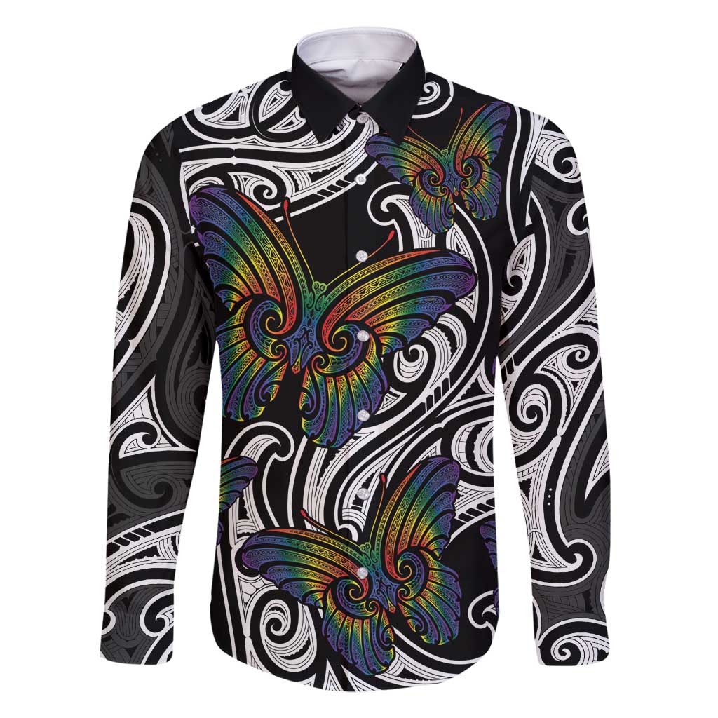 Aotearoa Takatapui Pride Family Matching Mermaid Dress and Hawaiian Shirt Rainbow Butterfly - Free To Love LT7 Dad's Shirt - Long Sleeve Black - Polynesian Pride