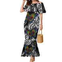 Aotearoa Takatapui Pride Family Matching Mermaid Dress and Hawaiian Shirt Rainbow Butterfly - Free To Love LT7 Mom's Dress Black - Polynesian Pride