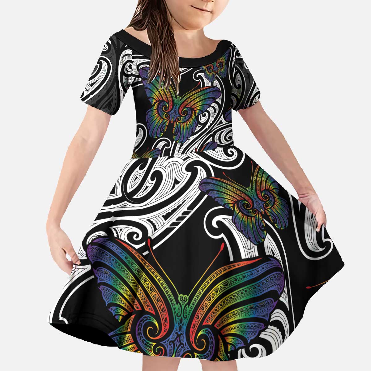 Aotearoa Takatapui Pride Family Matching Off The Shoulder Long Sleeve Dress and Hawaiian Shirt Rainbow Butterfly - Free To Love LT7 Daughter's Dress Black - Polynesian Pride