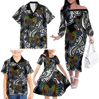 Aotearoa Takatapui Pride Family Matching Off The Shoulder Long Sleeve Dress and Hawaiian Shirt Rainbow Butterfly - Free To Love LT7 - Polynesian Pride