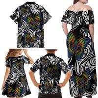 Aotearoa Takatapui Pride Family Matching Off Shoulder Maxi Dress and Hawaiian Shirt Rainbow Butterfly - Free To Love