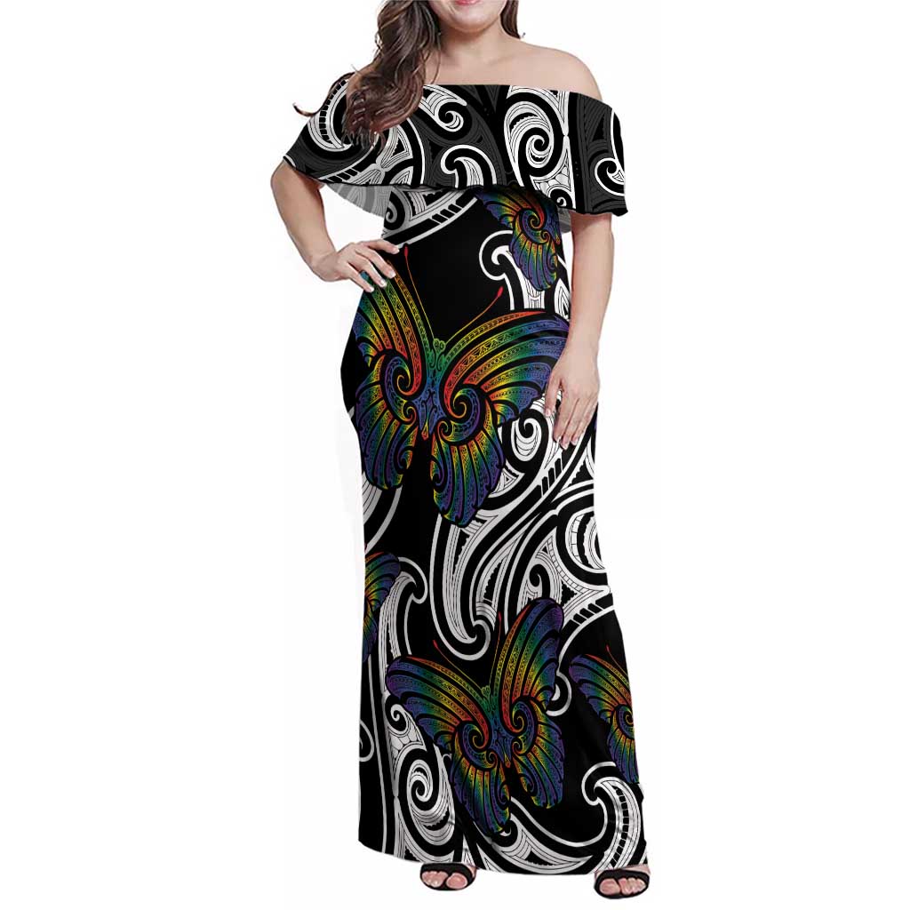 Aotearoa Takatapui Pride Family Matching Off Shoulder Maxi Dress and Hawaiian Shirt Rainbow Butterfly - Free To Love