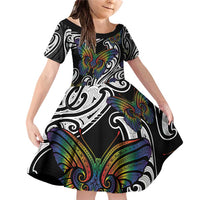 Aotearoa Takatapui Pride Family Matching Off Shoulder Short Dress and Hawaiian Shirt Rainbow Butterfly - Free To Love LT7 Daughter's Dress Black - Polynesian Pride