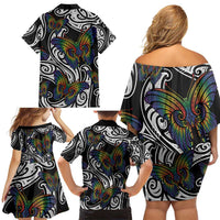 Aotearoa Takatapui Pride Family Matching Off Shoulder Short Dress and Hawaiian Shirt Rainbow Butterfly - Free To Love LT7 - Polynesian Pride